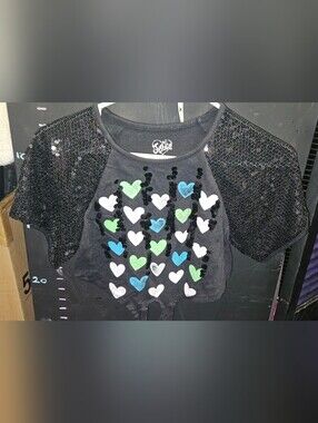 Justice Black Sequin Sleeve Heart Raglan Top - Blue Green White Size 5 Girls